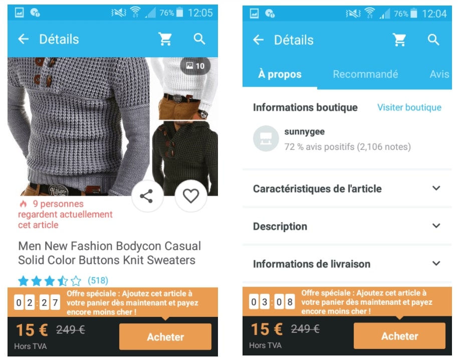 Exemple de fiche produit sur Wish