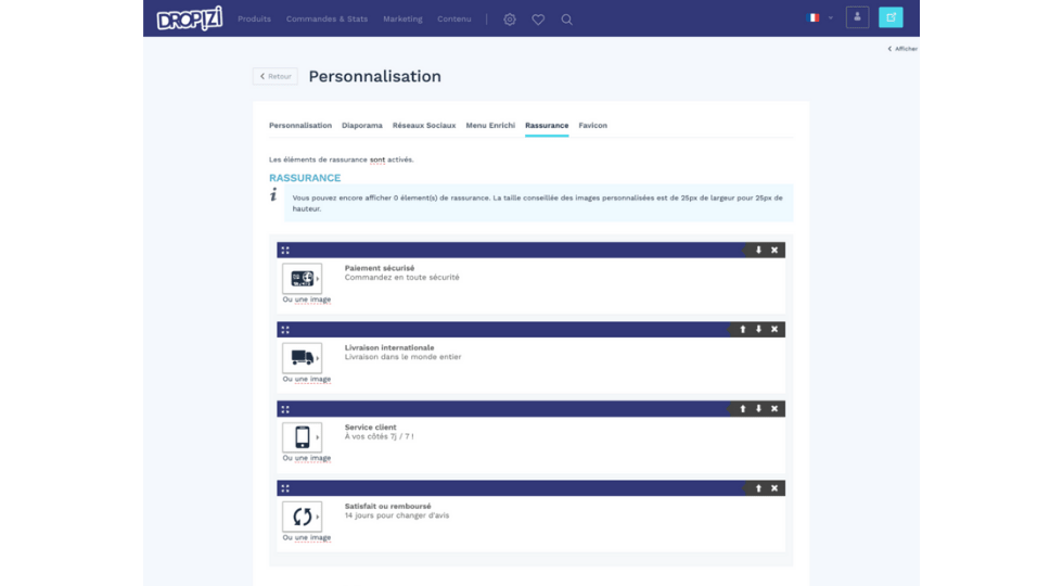 Comment créer son site de dropshipping Dropizi - éléments de rassurance