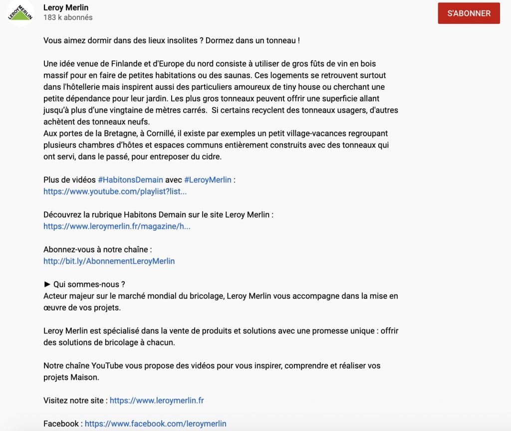 Chaîne YouTube de Leroy Merlon - description VSEO