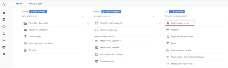 Paramètres sur Google Analytics