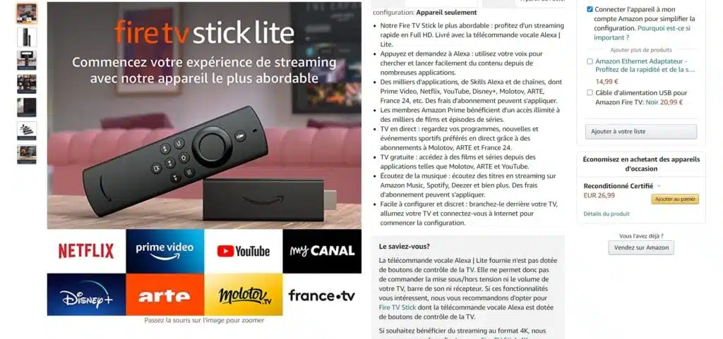 Fiche produit d'une Fire Stick sur Amazon