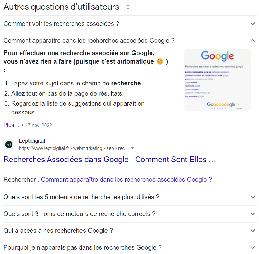 Exemple de recherches associées étendues sur Google