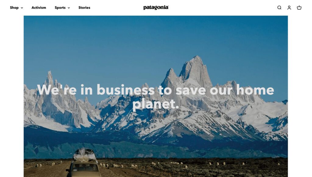 Patagonia découpe la page "qui sommes-nous ?" en 3 urls distinctes : Les missions, les valeurs et l’histoire de la marque.