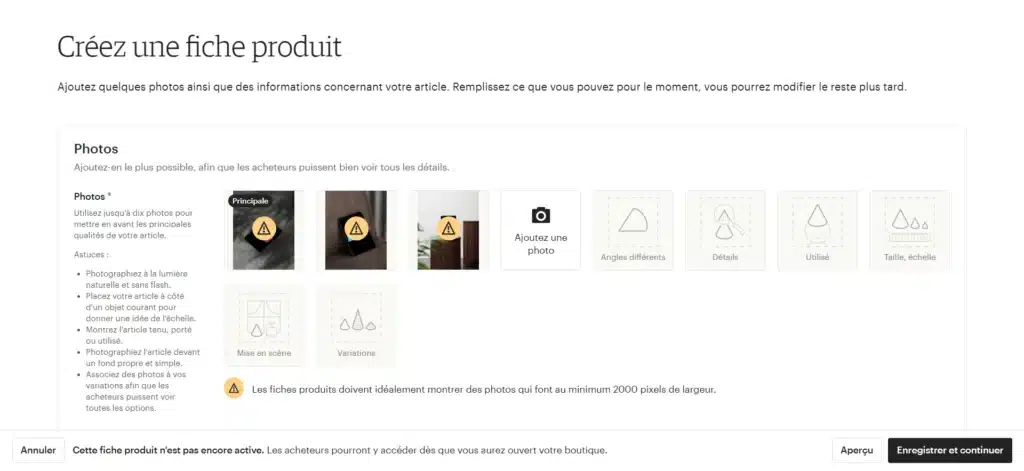 Création de la fiche de produit Etsy