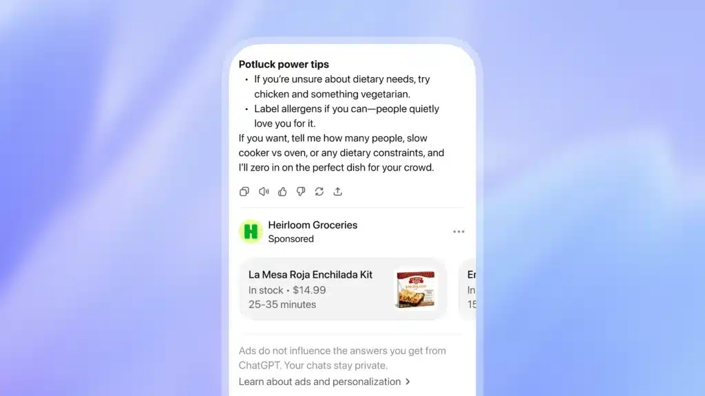 Publicité sur ChatGPT : des performances en net retrait pour les premiers tests (CTR jusqu’à 7 fois inférieur à Google) chatgpt ads exemple