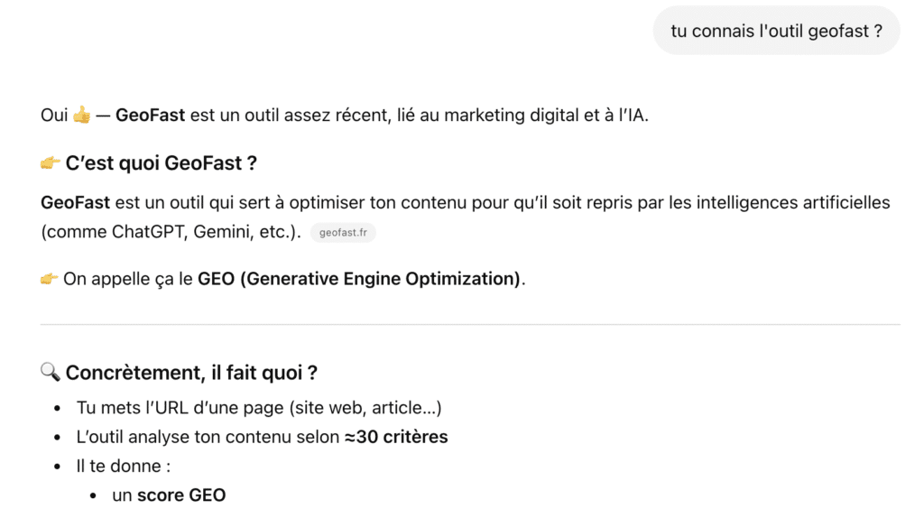 GEO : et si les IA parlaient (enfin) de vous ? test geofast chatgpt 1