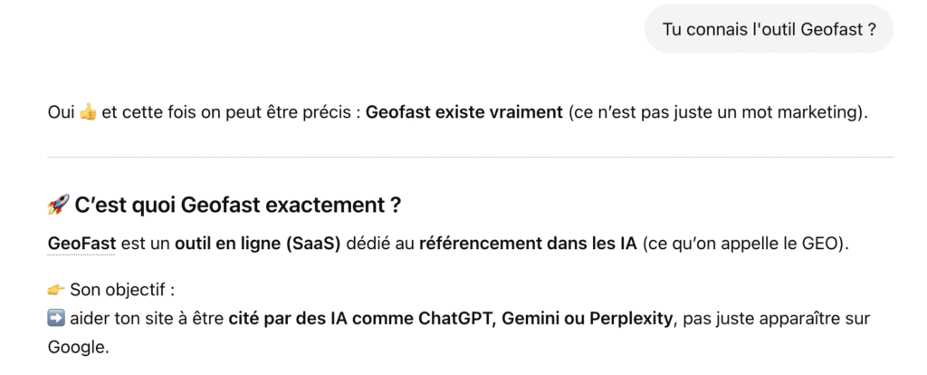 GEO : et si les IA parlaient (enfin) de vous ? test geofast chatgpt 2