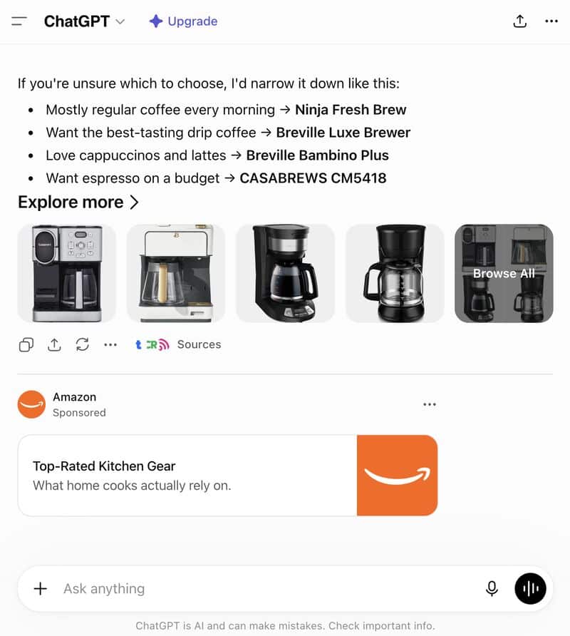 Amazon publicit&eacute; sur ChatGPT exemple