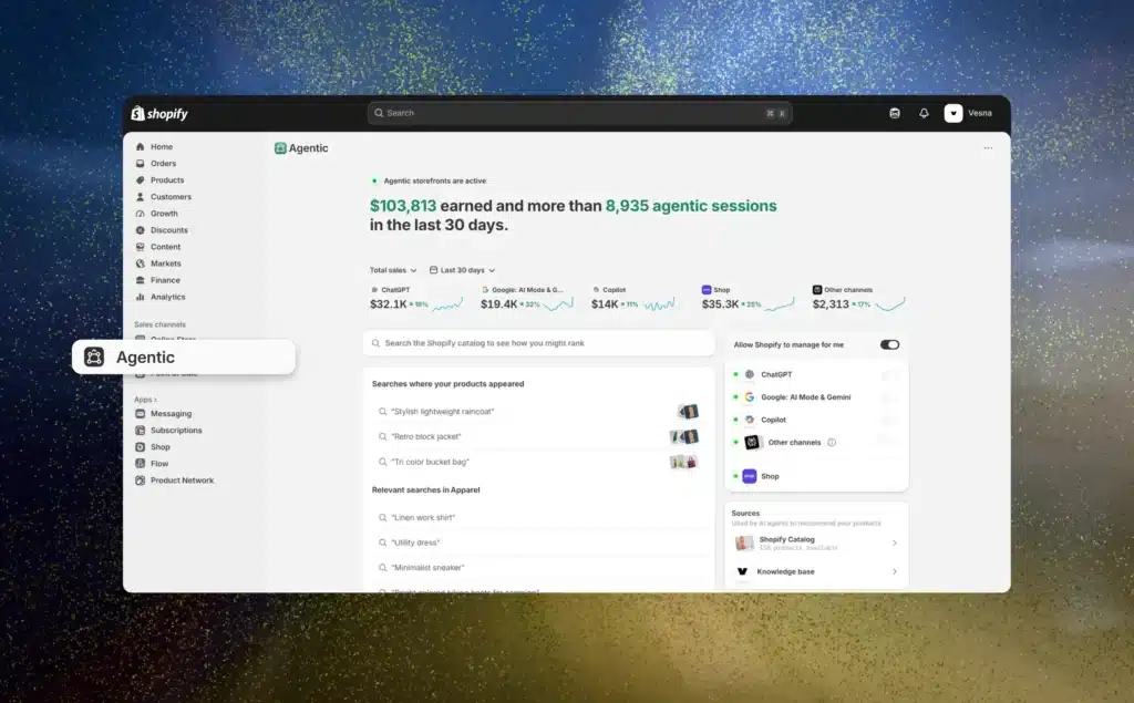 Shopify Spring 2026 : Catalog, UCP et Sidekick installent l’IA au cœur du commerce tableau de bord - Agentic Storefronts Shopify