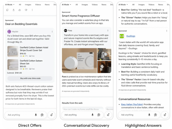 Google AI Mode : pourquoi doubler votre budget Ads ne vous rendra pas visible dans l’IA AI Mode Ads exemple