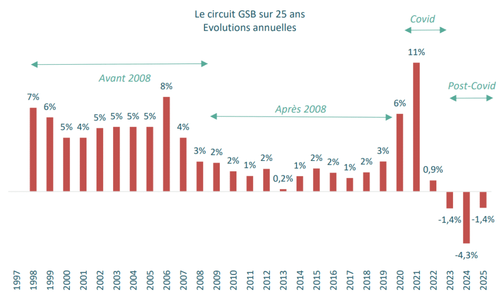 Marché du Bricolage en France 2025 : les GSB résistent, le e-commerce bondit Marché du bricolage France - Le circuit GSB sur 25 ans- Evolutions annuelles