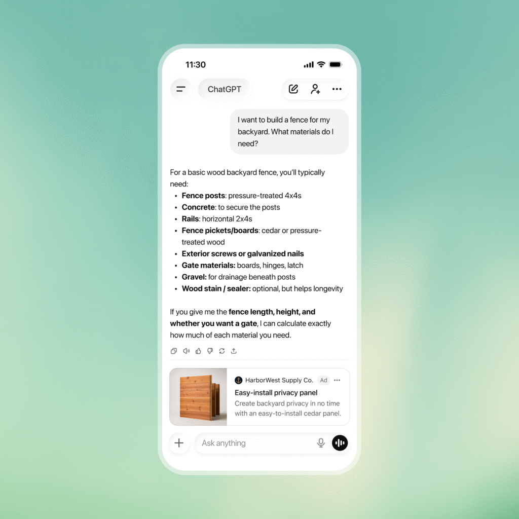 ChatGPT Ads en France : ce que les premiers tests révèlent sur la diffusion et le ciblage ChatGPT Ads exemple