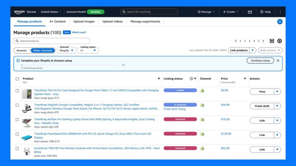 Amazon Seller Central : gérez Shopify, eBay, TikTok et Walmart depuis une seule interface Amazon Multichannel Selling Tools interface