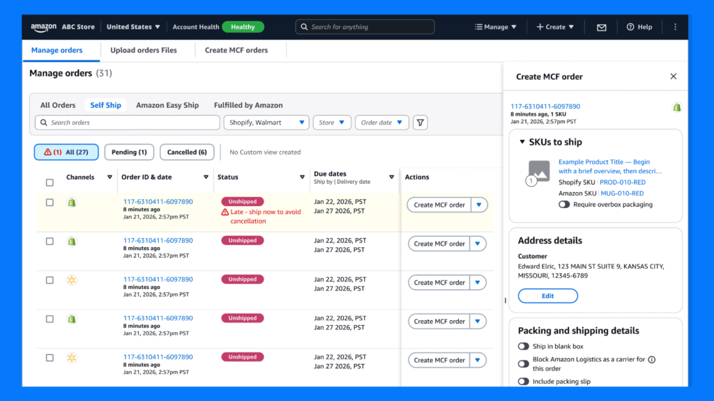 Amazon Seller Central : gérez Shopify, eBay, TikTok et Walmart depuis une seule interface seller central - choix livraison shopify walmart - interface