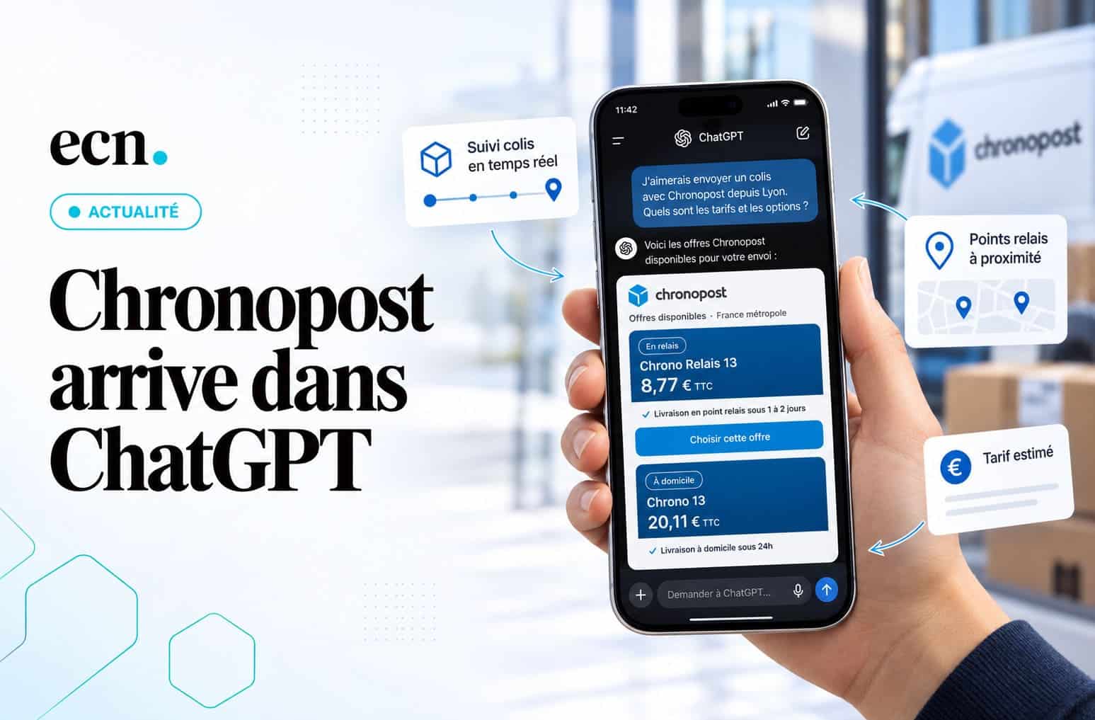 Chronopost dans ChatGPT : suivi de colis, points de retrait et tarifs