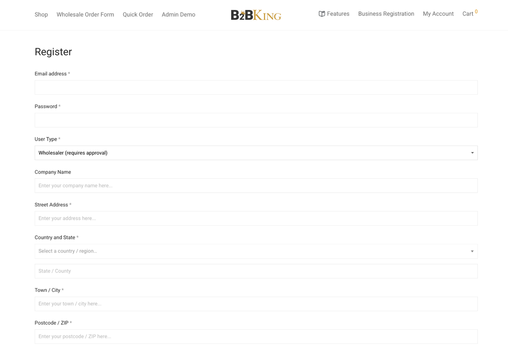 B2BKing page d&rsquo;inscription